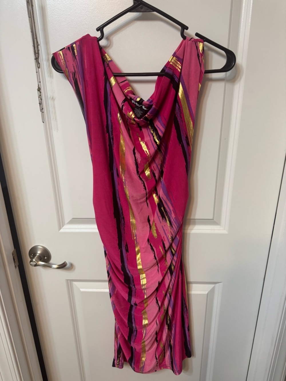 Planet Gold One-Shoulder Fuchsia Dress with Gold Stripes